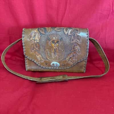  Women's Vintage Hand Tooled Leather Shoulder Bag featuring an Embossed Pharaoh Motif on the Front Flap & Floral on the Back