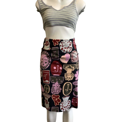 Claire Johnson X Gorman Women's Size 8 Midi Pencil Skirt Face Pattern 