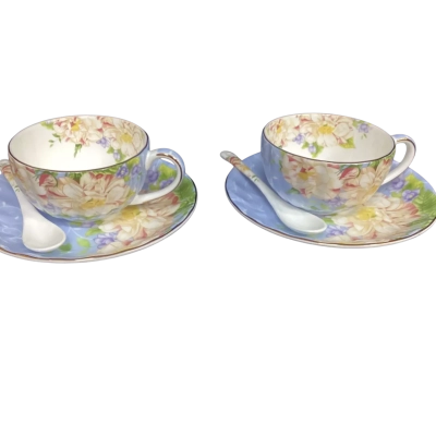 2 x Pinlaiyun Bone China Cups, Saucers & Teaspoons
