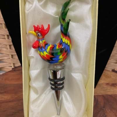 Cheers Cute Fun Blown Glass Rooster Bottle Stopper Chrome Base Cork stopper wine bar accessories kitchen decor birthday gift wedding party 