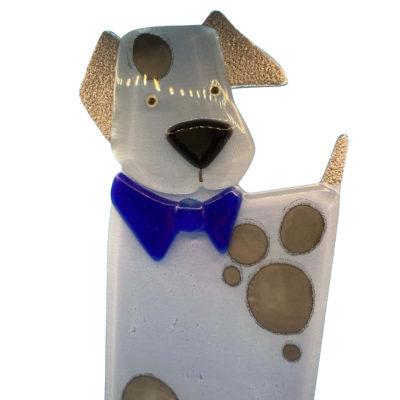 Glass art ornament decoration -Dog with blue bow tie 