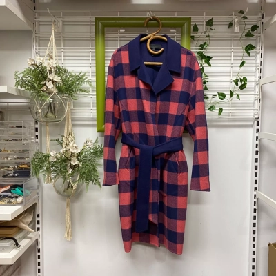 rag & bone Womens Reversible Winter Coat Checked / Coral / Navy Blue 