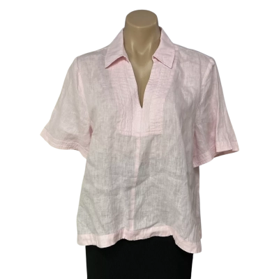 Sussan Womens Size 8 Pale Pink Linen Short Sleeve V-neck Top with Collar