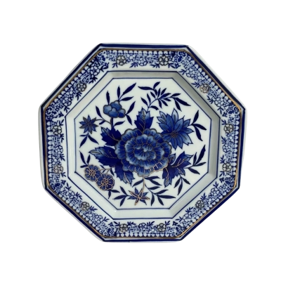 Decorative White / Blue / Gold Floral Pattern Octagonal Porcelain Plate