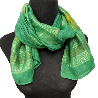  Women’s 100% Cambodian Silk Green and Gold elephant Scarf 