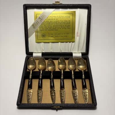 Vtg. Boxed Set 6 Thai Bronze & Wood Desert Spoons