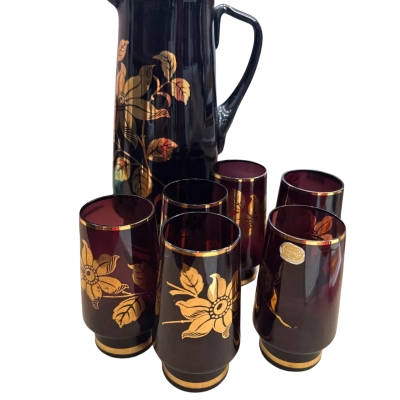 Vintage Bohemian Purple Amethyst Glass Pitcher With 6 Matching Glasses 