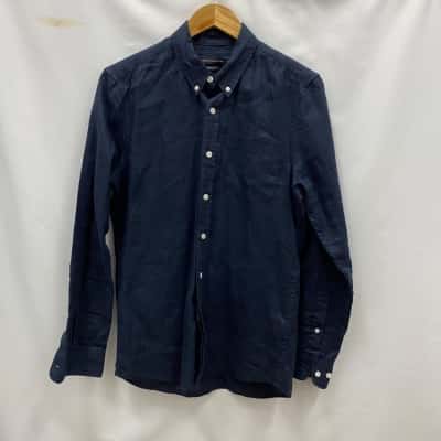 French Connection Mens 100% Linen Size XS Long Sleeve Shirt Navy Blue 