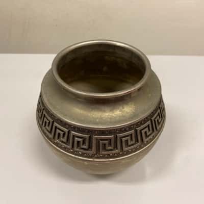 Vintage Matte Silver Urn Vase Vessel/ Heavy Metal Vase With Greek Key Detail