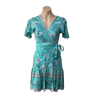 Salty Bright Womens Size 8 Turquoise / White / Pink / Orange Floral Short Sleeve Wrap Dress 