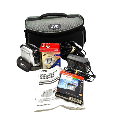 JVC Digital Video Camera GR-DX77 With Battery & Charger, Instruction Booklet Plus 6 New Digital Video Cassettes In JVC Shoulder Bag
