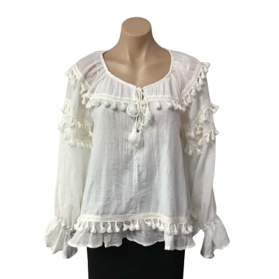 Indikah Womens Size 8 White Self Pattern Long Sleeve Top with Tassel Trim