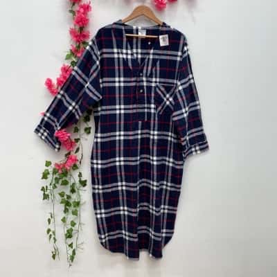 Andrew Scott Mens Sleep Shirt, Long Henley Nightshirt Pajamas Size L Checked / Navy Blue 