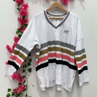 Jaggad Womens Long Sleeve V-Neck Top Size L Multicoloured / Striped / White 