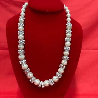  Women's Beaded Necklace featuring Alternating Segments of Faux White Wrapped Pearls and Sparkling Crystal Rondelle Spacers