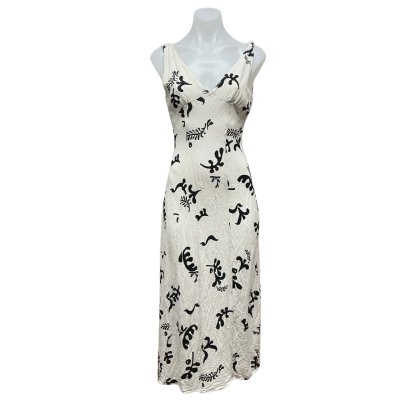 Paper Heart Womens Linen Mix Size XS Midi Dress Beige / Black  / Pattern 