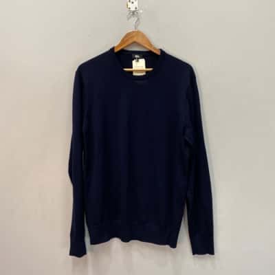 Uniqlo Mens  100% Merino Wool Size L Crew neck Sweater/ Jumper Blue 