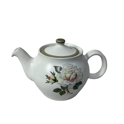 White Ceramic Teapot with Rose Pattern