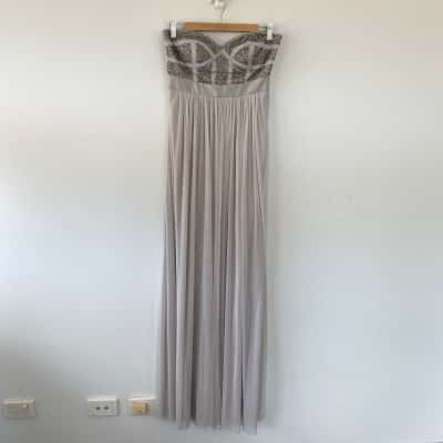 George Evening Grey Silver Embellished Strapless Mesh Maxi Dress Size 8 