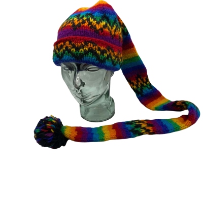 Quirky Unisex  Size One Size Multicoloured Knitted wool Beanie with Pixie Stocking Scarf & Pom Pom Made in Nepal
