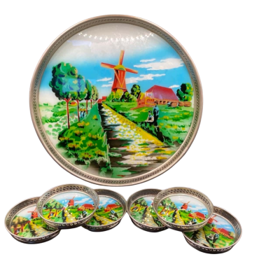 Vintage Dutch scene tray and 6 x coasters