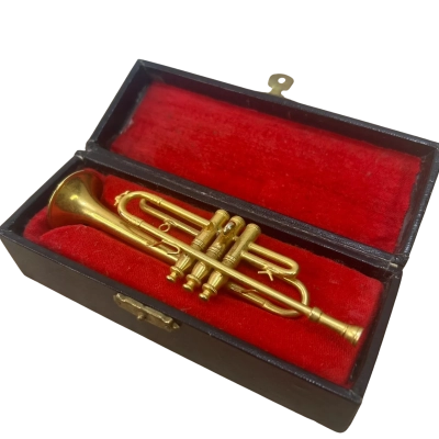 Miniature Vintage Gold Tone Trumpet in Small Black Case
