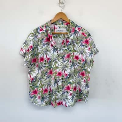 Tommy Bahama White Pink Floral Linen Short Sleeve Shirt  Size L 