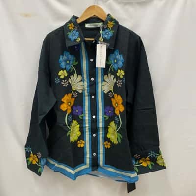 Bohemian Traders Women's Linen Blend Shirt Size 20 Black  / Floral RRP$290
