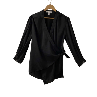 Rachel Gilbert Women's Size AU4/UK14 Back Cutout Crossover Wrap Buckle Top Black V-Neck Long Sleeve