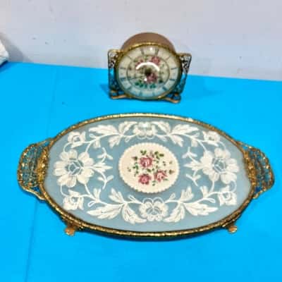 Vintage Regent of London Glass Vanity Tray & Matching Clock