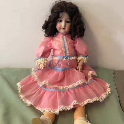 Vintage Porcelain Doll – Pale Pink Dress with Blue Ribbons – Collector's Item