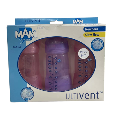 MAM Ultivent New born bottles x 3. Size 0-3m 