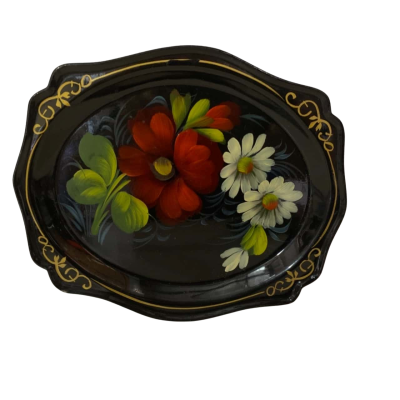 Vintage Russian Zhostovo Hand Painted Metal Tray 
