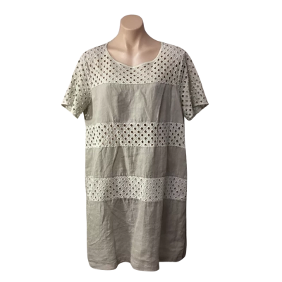 Holmes & Fallon Womens Size XL Beige / Cut-out Embroidered Detail Linen Short Sleeve Dress 