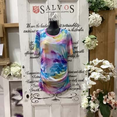 PROUD POPPY CLOTHING! Womens  Size 12 Short Sleeve Top Multicoloured / Pattern! BNWT! BEAUTIFUL TIE DYE MESH SHORT SLEEVE SHIRT WITH SINGLET UNDERLAY! SHIRT HAS SNAP BUTTONS TO KEEP SINGLET UNDERLAY IN PLACE! GREAT FOR DRESSING UP OR DOWN!