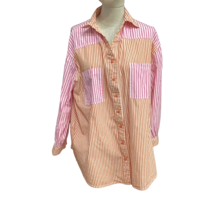  Henry Oscar  Size M / S Long Sleeve Shirt Orange / Pink  / Striped 