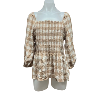 Sass Womens Linen Mix Size 16 3/4 Sleeve Top Beige / Checked / White 