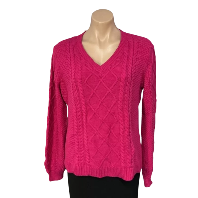 Just Jeans Womens Size 10 Bright Pink Cable Pattern V-Neck Jumper 