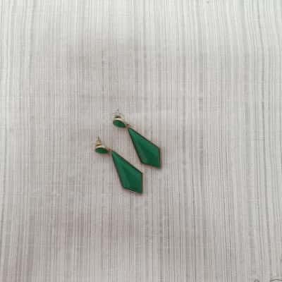 Super Cute Green & Gold Cabochons /Elongated Diamond Shape /Dangle Drop /Pierced Earrings 