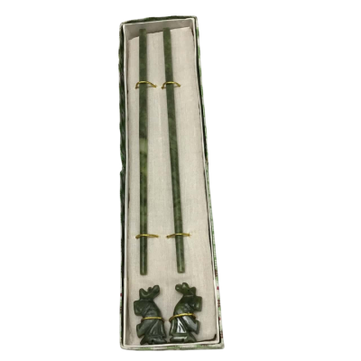 Vintage Set Of Two Green Stone Chopsticks & Holders In Box