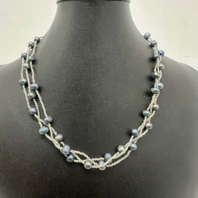 Blue Fresh Water Pearls Womens Seed Bead Necklace 