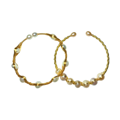 Pair of Gold Wire Woven Pearl Bangles 