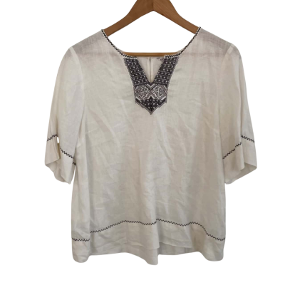 Country Road Linen Womens  Size M Short Sleeve Top / V-Neck Top White 