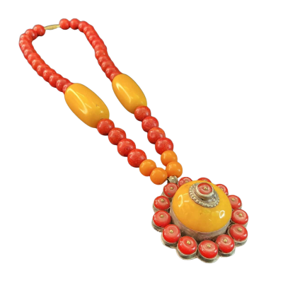  Vintage Tibetan tribal Beaded Necklace Red / Silver / Yellow 