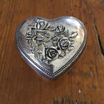 Silver plated rose design heart trinket box