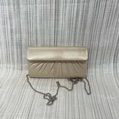 Olga Berg Gold Sateen Finish with Pleated Front Detail /Evening Bag with Chain Shoulder Strap 