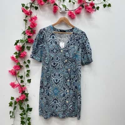 Piper Womens Midi Dress Size 12 Blue / Pattern 