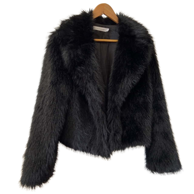 Saints + Secrets Black Faux Fur Short Open Front Jacket Size 10