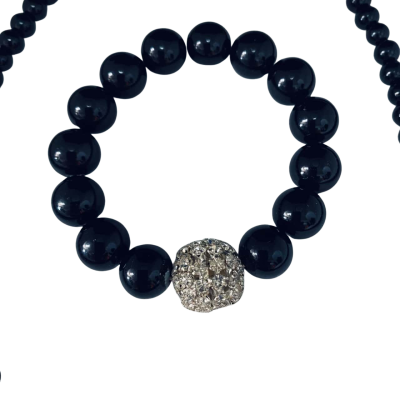 Womens vintage black beaded necklace and bracelet set with rhinestone clasp and accents