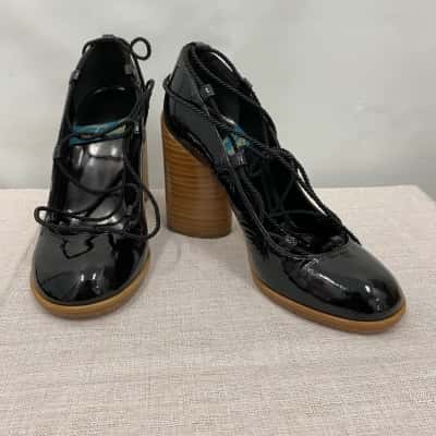 Lucchesi Italian Made Women's Block Heel Whole Leather Shoes With Tie Strings Size 36 Black  / Brown 